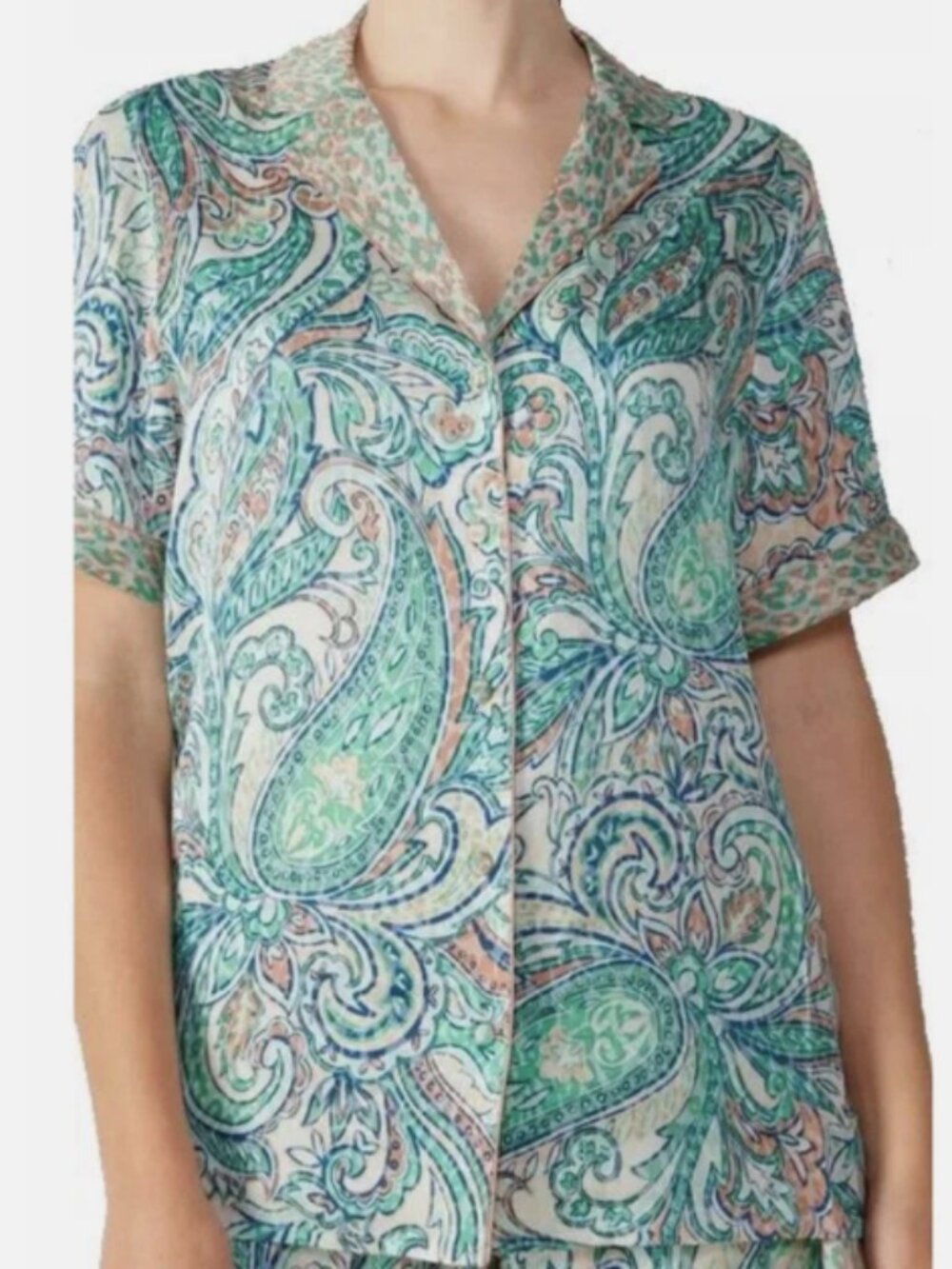 NWT Intimissimi Paisley Short Sleeve Button Up Top Green/Peach Size Medium